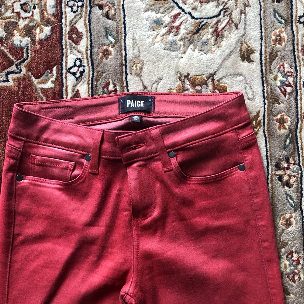 PAIGE red coated ankle jeans. Size 26 and never worn. Raw hem